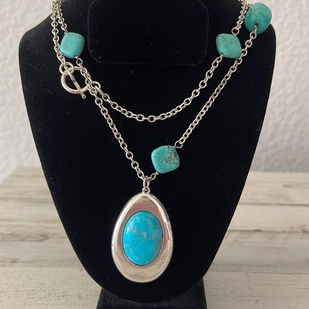 Simon Sebbag Turquoise Station Necklace Sterling Silver Toggle Pendant 37.5”